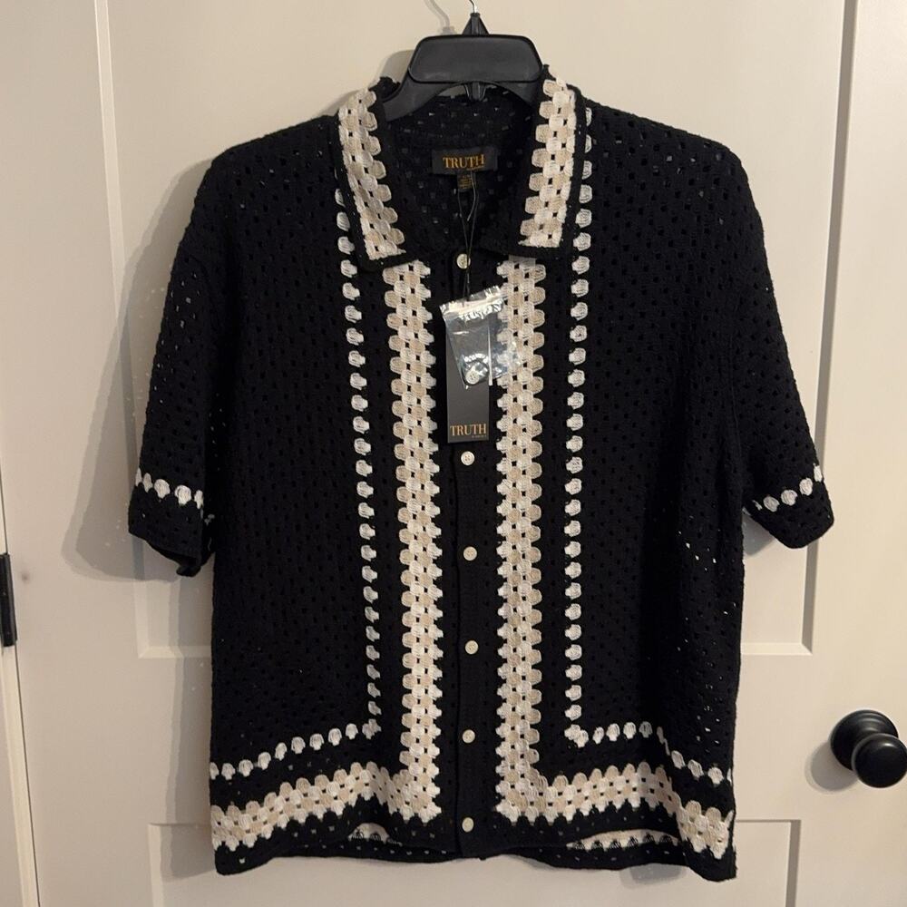 Truth By Republic Cardigan Sweater Sz L Black Crochet Button Short Sleeve Knit